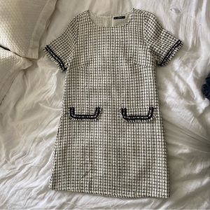 Plaid White and Black Shift Dress with Pearl Fringe Detail